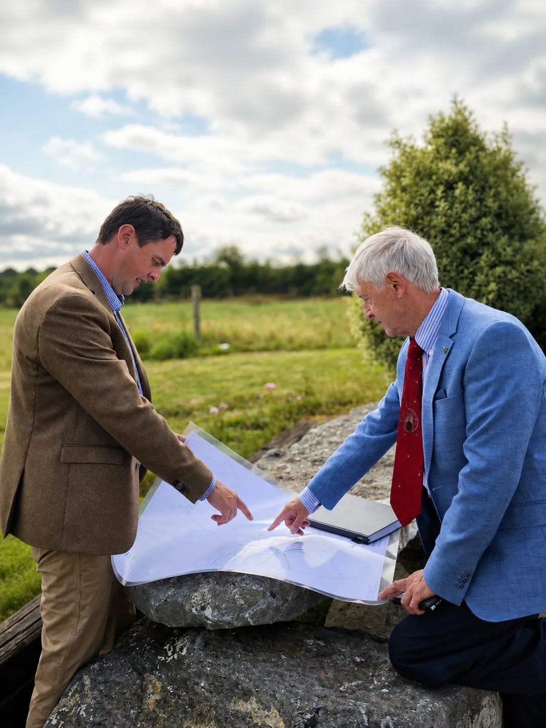 Ray Hunt and Ray Hunt Snr studying land maps out on a farm